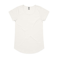 A light cream-coloured t-shirt with a rounded neckline and short sleeves, featuring a logo on the label.