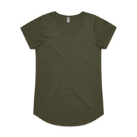 An olive green T-shirt with a scoop neck and short sleeves, featuring a logo on the label.