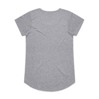 A grey t-shirt with short sleeves, featuring a rounded hem and no visible design elements on the back.