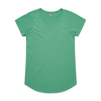 A green short-sleeved T-shirt with a rounded neckline and a logo on the label.