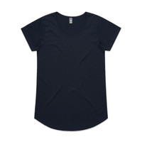 A black women's t-shirt with a round neckline and short sleeves, featuring a logo on the inside label.