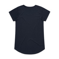 A dark navy blue T-shirt with short sleeves and a rounded hem, featuring a logo.