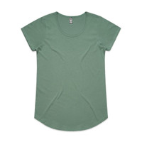 A green short-sleeved t-shirt with a scoop neckline and a curved hem. It has a logo on the label.