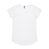 A white t-shirt with short sleeves and a rounded neckline. It features a small logo on the tag.