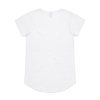 A white short-sleeved t-shirt with a rounded hem and a small logo on the back.
