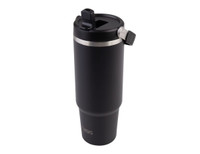A drink bottle in matte black with a silver band and a clear flip-top lid. It features a logo.