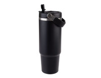 A drink bottle featuring a sleek black design with a silver band and a carrying handle, complete with a lid.