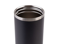 A drink bottle in matte black with a stainless steel rim, featuring a sleek, modern design and a logo.