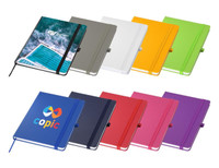 An assortment of A5 notebooks in various colours, featuring a logo on one, with different cover designs and closure bands.