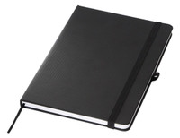 A black A5 notebook with a textured cover, elastic closure, and a bookmark ribbon, featuring a logo.