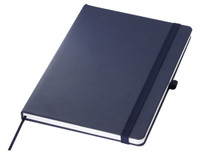 A navy blue A5 notebook with a textured cover, an elastic band, and a ribbon bookmark. It features a logo.