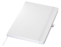 A white A5 notebook with a textured cover, an elastic band, and a ribbon marker, featuring a logo.