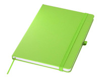 A bright green A5 notebook with a textured cover and an elastic closure, featuring a bookmark ribbon.