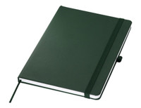 A dark green A5 notebook with an elastic band and a ribbon bookmark, featuring a logo on the cover.