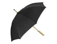 A black umbrella with a wooden handle and a gold-tone shaft, featuring a logo on the canopy.