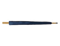 A navy RPET umbrella with a gold handle, featuring a simple design and a branding logo.