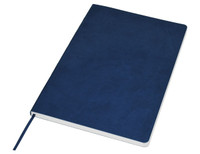 A navy blue A5 notebook with a textured cover and a ribbon bookmark, featuring a logo on the front.
