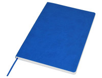 A blue A5 notebook with a textured cover and a ribbon bookmark, featuring a logo on the front.