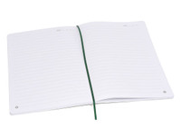 A blank A5 notebook with lined pages, featuring a green elastic closure. It has a simple design with no visible branding.