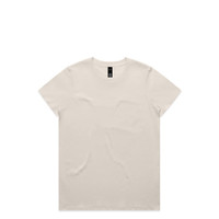 A plain beige t-shirt with short sleeves and a branding tag inside the collar.