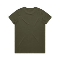 An olive green T-shirt with a classic crew neckline and short sleeves, featuring a logo on the back.