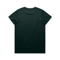 A green t-shirt displayed from the back, featuring a plain design and a logo on the neck.