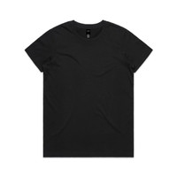 A black T-shirt featuring a round neckline and short sleeves, with a brand logo inside the collar.