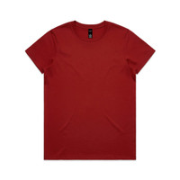 A red T-shirt featuring a round neckline and short sleeves, with a branding label on the inside.