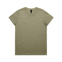 A plain olive green T-shirt with short sleeves and a round neckline, featuring a logo on the label.