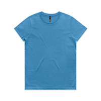 A blue t-shirt with a crew neck and short sleeves, featuring a branding label.
