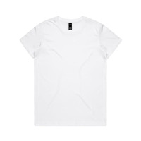 A plain white T-shirt with a round neckline and short sleeves, featuring a logo on the label.
