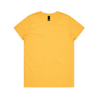 A yellow t-shirt with a round neckline and short sleeves. It features a logo at the neck.