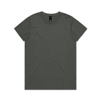 A plain dark grey t-shirt with a round neckline and short sleeves, featuring a logo on the label.