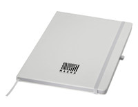 A white A4 notebook with a logo, featuring an elastic band closure and a ribbon bookmark.