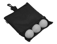 A black pouch with a mesh front containing three white golf balls, featuring a zip closure and a hook.