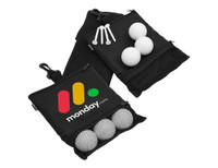 A black pouch containing six white golf balls and three white tees, featuring a colourful logo.