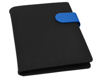 A black portfolio with a blue clasp, suitable for holding documents and notes, featuring a simple and professional design.