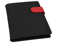 A black portfolio with a contrasting red clasp, featuring a smooth finish and an internal organisational layout.