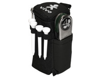 A black golf pack with a zipper, containing a tee holder, a golf ball marker, and three white tees. It features a logo.