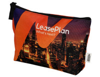 A vibrant orange and black toiletry pouch featuring a city skyline design and a branded logo.