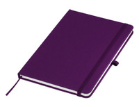 A purple A5 notebook with an elastic closure and a ribbon bookmark, featuring a logo on the cover.