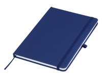 A navy blue A5 notebook with a textured cover, elastic closure, and ribbon bookmark, featuring a logo on the front.