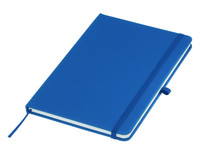A blue A5 notebook with a band closure and a ribbon marker, featuring a branding logo on the cover.