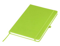 A bright green A5 notebook with a smooth cover, elastic band, and ribbon bookmark, featuring a logo.