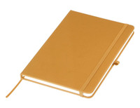 A yellow A5 notebook with a ribbon bookmark, elastic band, and a textured cover. It has a logo on the front.