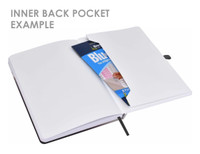 An open A5 notebook featuring a black cover and an inner back pocket holding a document. It also includes a ribbon bookmark.
