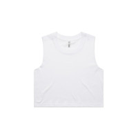 A white crop tank top with a round neckline and no sleeves, featuring a small logo.