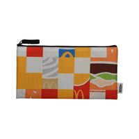 A colourful pouch featuring various block patterns, including iconic food motifs and a logo, with a black zipper.