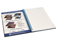 A side-bound A5 notebook featuring a blue spiral binding and blank white pages, with a promotional insert.