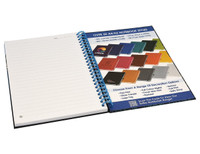 A side-bound A5 notebook with a blue spiral binding, featuring blank pages and a selection of colour options shown alongside.